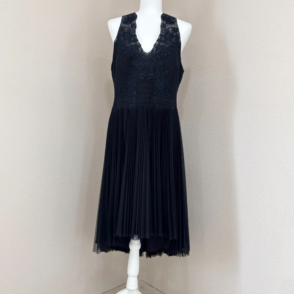 Ted Baker Langley Lace Pleated Midi Dress Black Romantic Elegant Luxe US 10